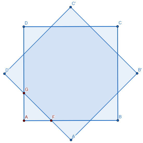 Two overlapping squares of the same size, with respective vertices ABCD and A'B'C'D'. They differ by a 45 degree rotation about the center. The intersection of the sides AB and A'D' is F, and the intersection of the sides AD and A'D' is G.